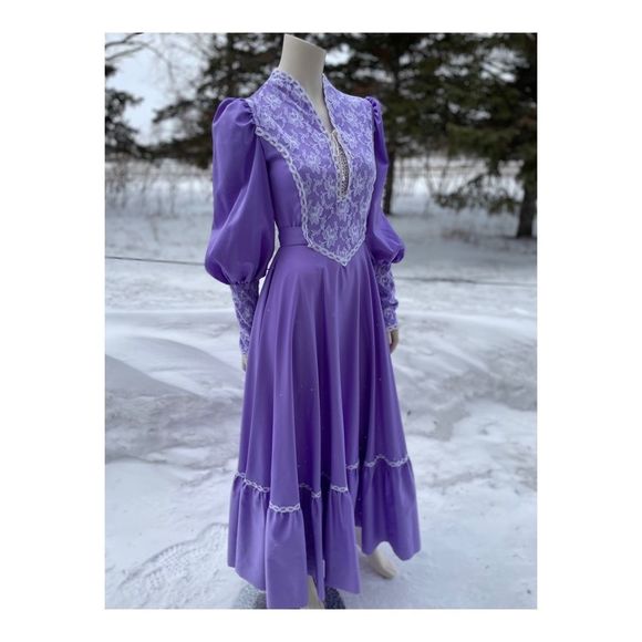 Vintage 70s Prairie Style Maxi Dress Lilac Lace Cottagecore Farmcore M - Picture 10 of 15